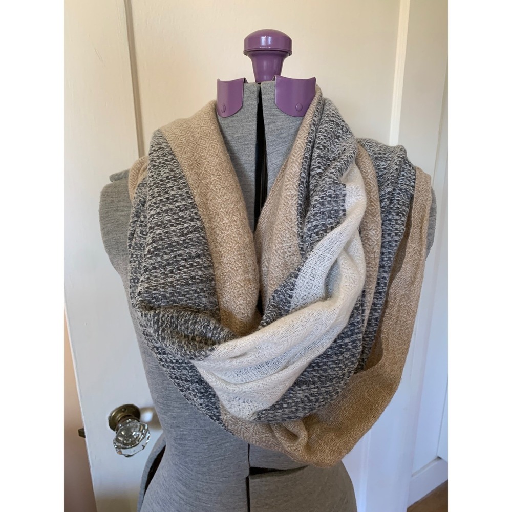 Handmade Nepal Exclusive Cashmere Scarf Wrap Tan Grey White Striped Colorblock